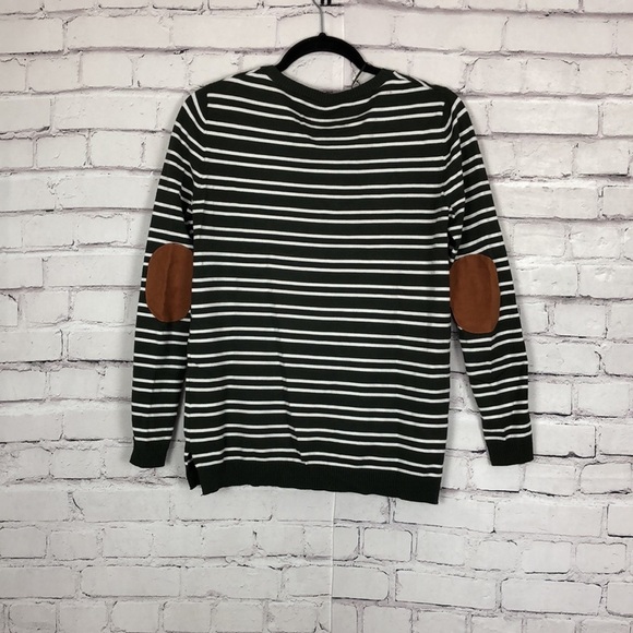Renee C green white striped long sleeve brown patch elbow sweater size Medium - Picture 4 of 6